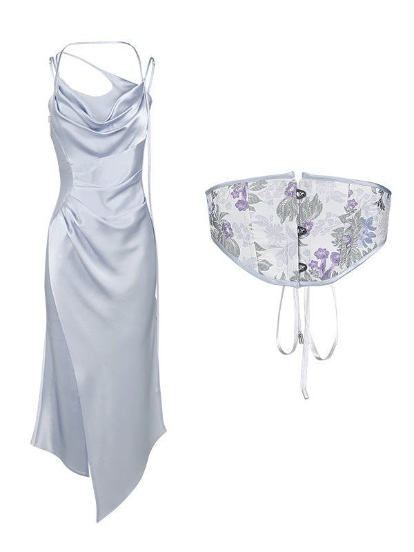 Drape Sling Dress With Floral Corset Belt