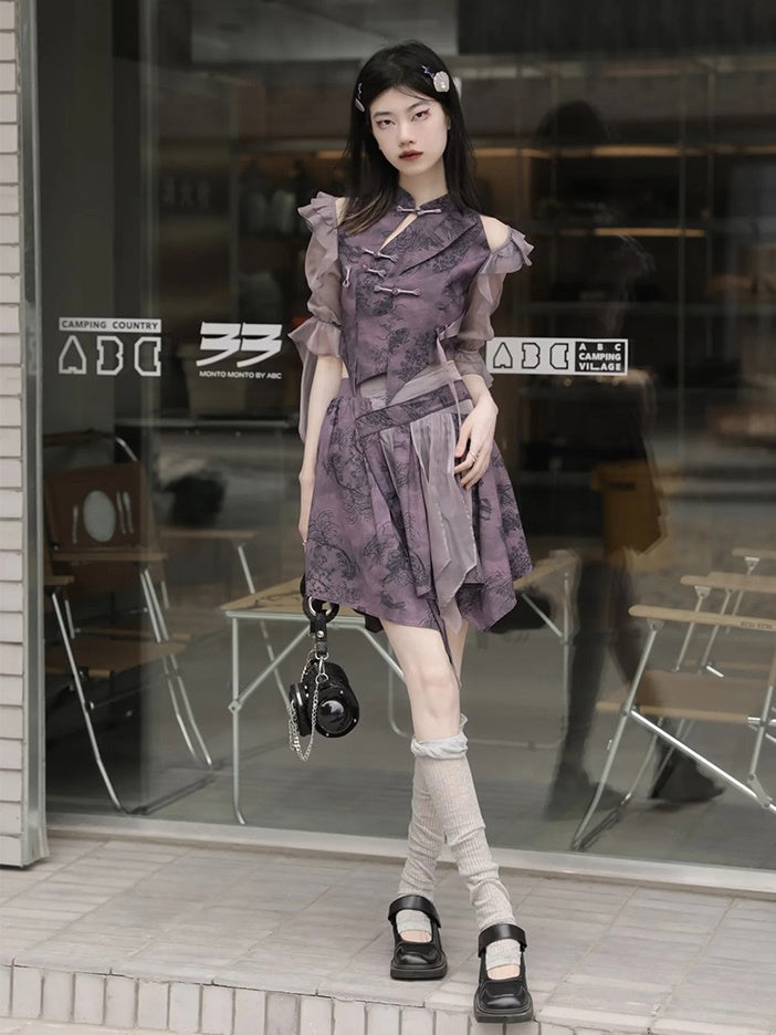 Chinese Style Short Top & Irregular Hem Skirt & Camisole & Cropped Sheer Cardigan