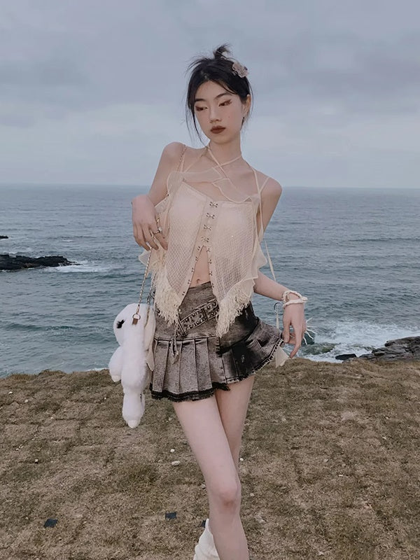 Y2k Pleated Denim Skirt Pants