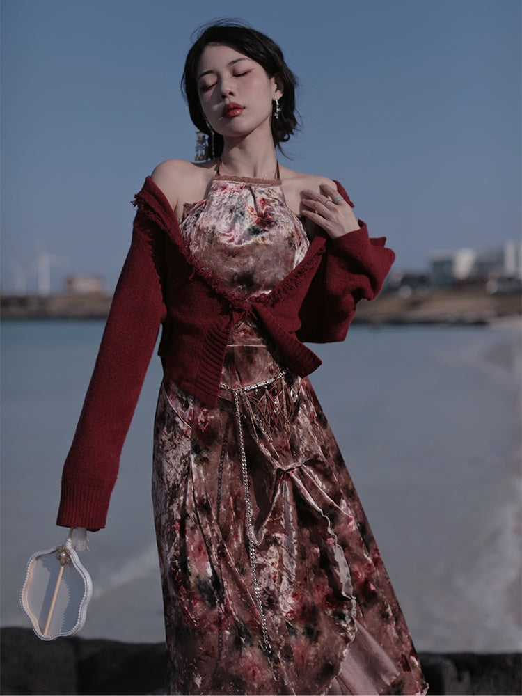 Velvet Print Halter-neck Vest & Layered Design Skirt & Chain Belt & Knitted Hooded Cardigan