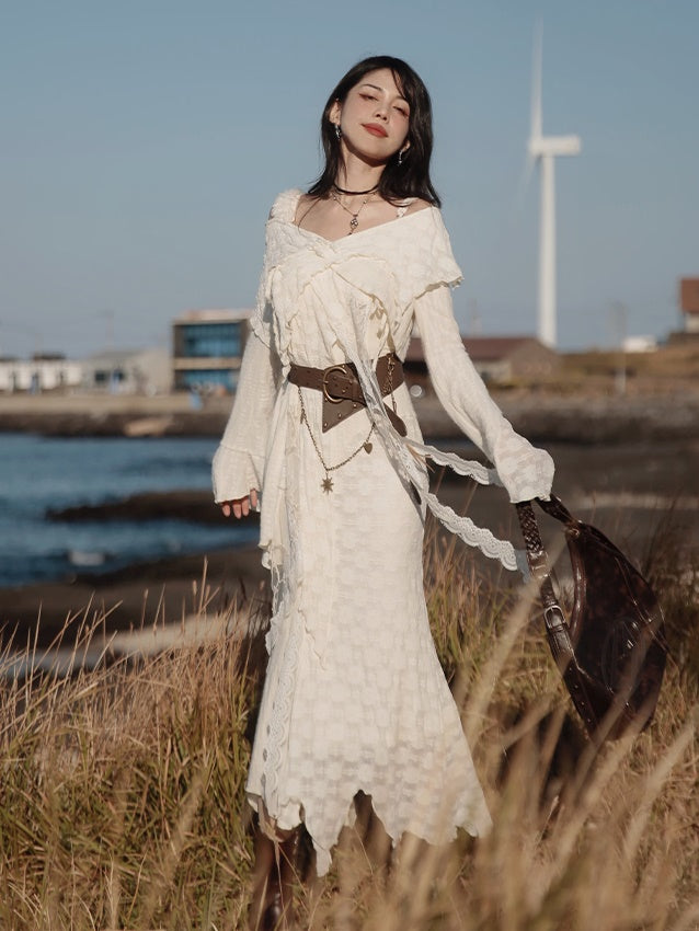 Fairy Style Mermaid Slip Dress & Asymmetry Lace Top & Belt