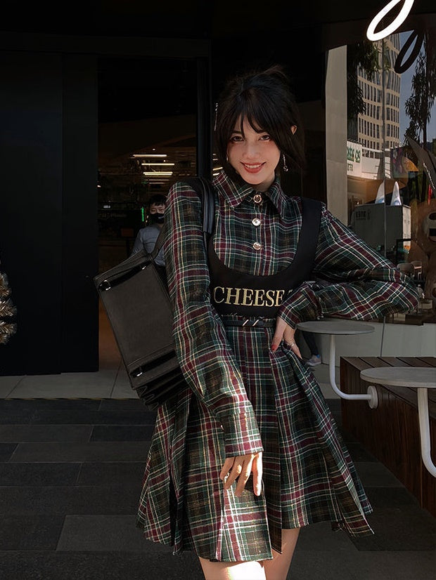 Fake Two-piece Plaid Shirt Dress