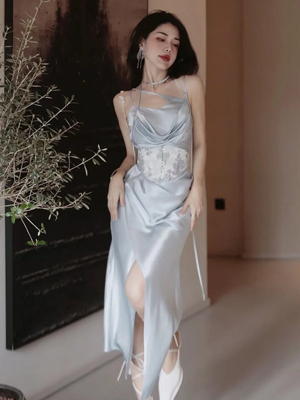 Drape Sling Dress With Floral Corset Belt