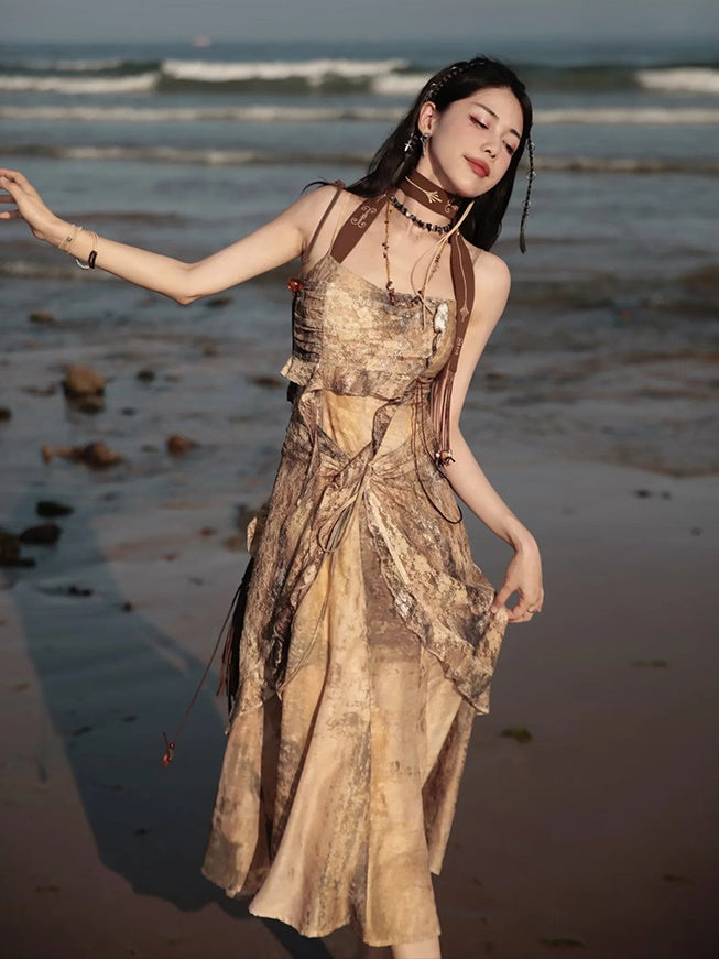 Classical Aesthetics Printed Lace Dress & Waist Slim Cardigan