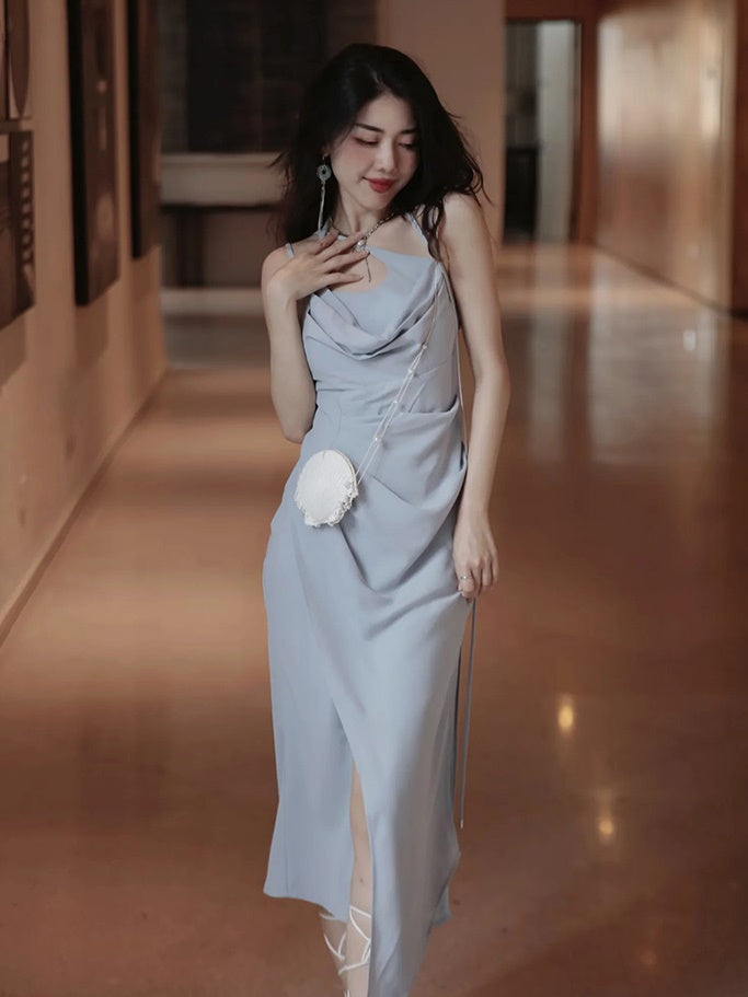 Drape Sling Dress With Floral Corset Belt