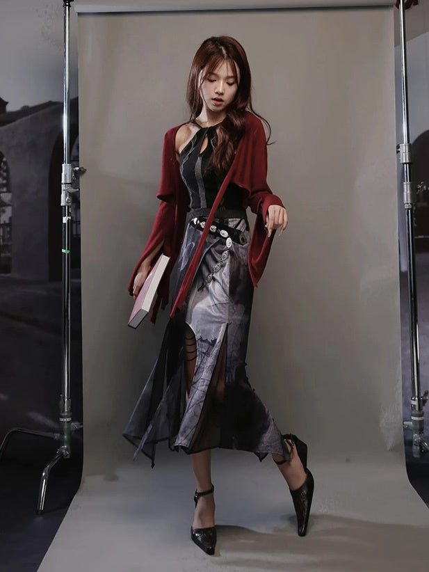 Butterfly Print Halterneck Dress & Flare Sleeve Cardigan