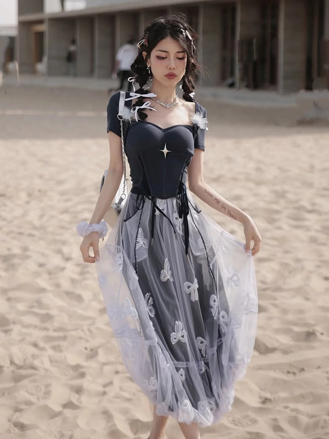 Embroidery Slim Short T-shirt & Camisole & Ribbon Culottes & Bubble Skirt