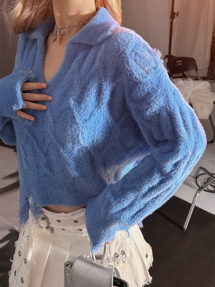 Polo Neck Damage Style Short Sweater