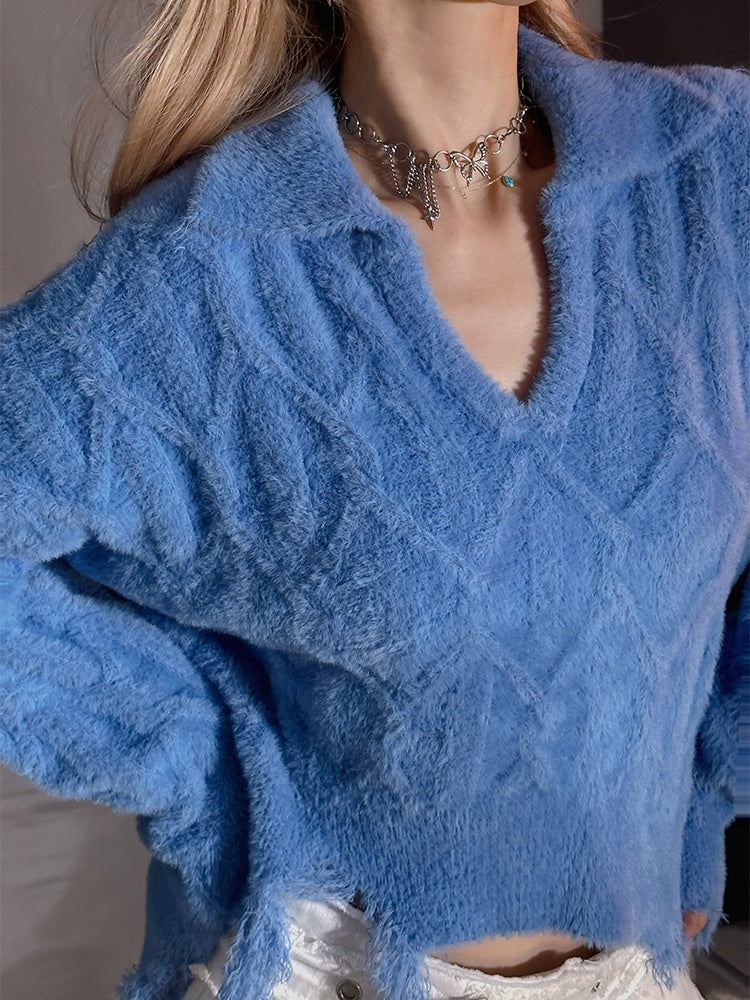 Polo Neck Damage Style Short Sweater