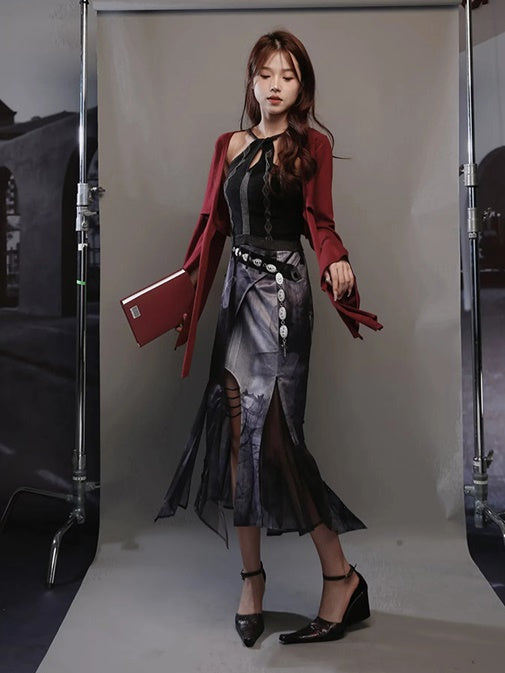 Punk Style Layered Design Top & Butterfly Mermaid Skirt