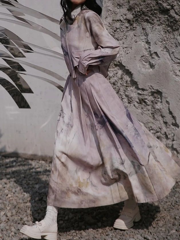 Sakura Oil Painting Printing Shirt & Pleated Skirt