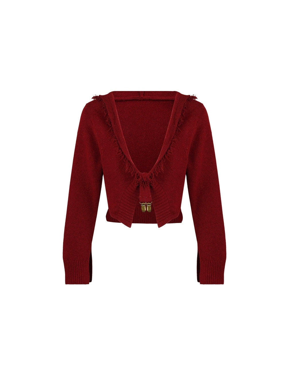 Velvet Print Halter-neck Vest & Layered Design Skirt & Chain Belt & Knitted Hooded Cardigan