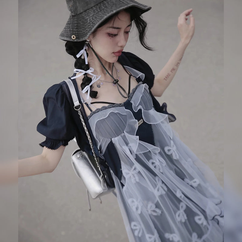 Butterfly Embroidered Ribbon Fake Two-Piece Dress & Cardigan