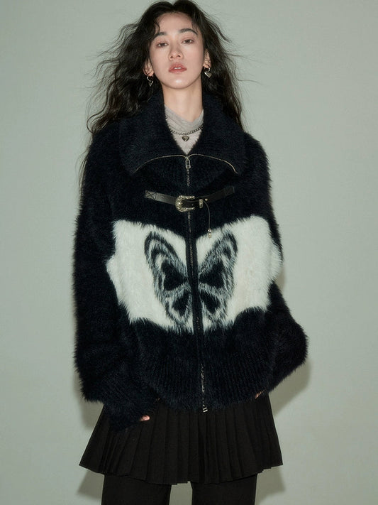 Butterfly Pattern Imitation Mink Knitted Cardigan