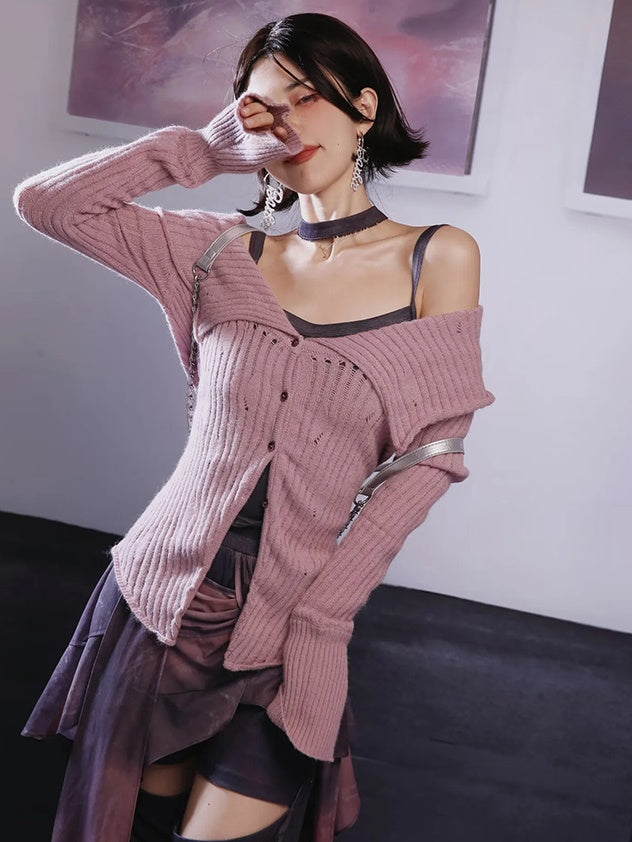 Large Lapel Off-Shoulder Cardigan