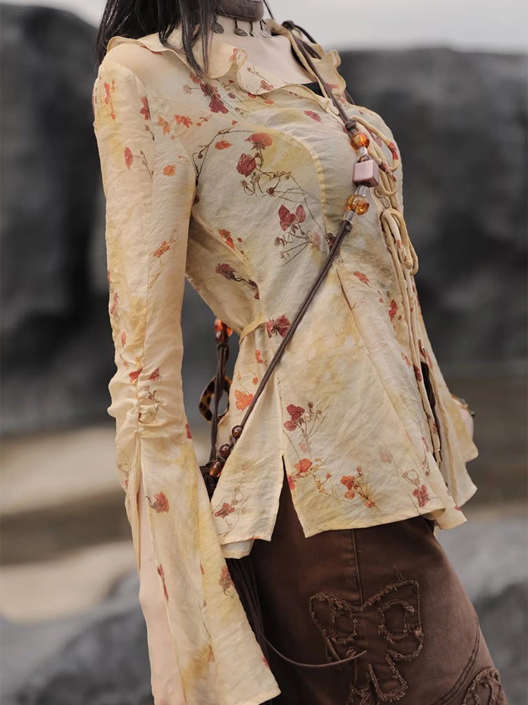 Floral Printed Strap Fake Layered Dress & Shirt
