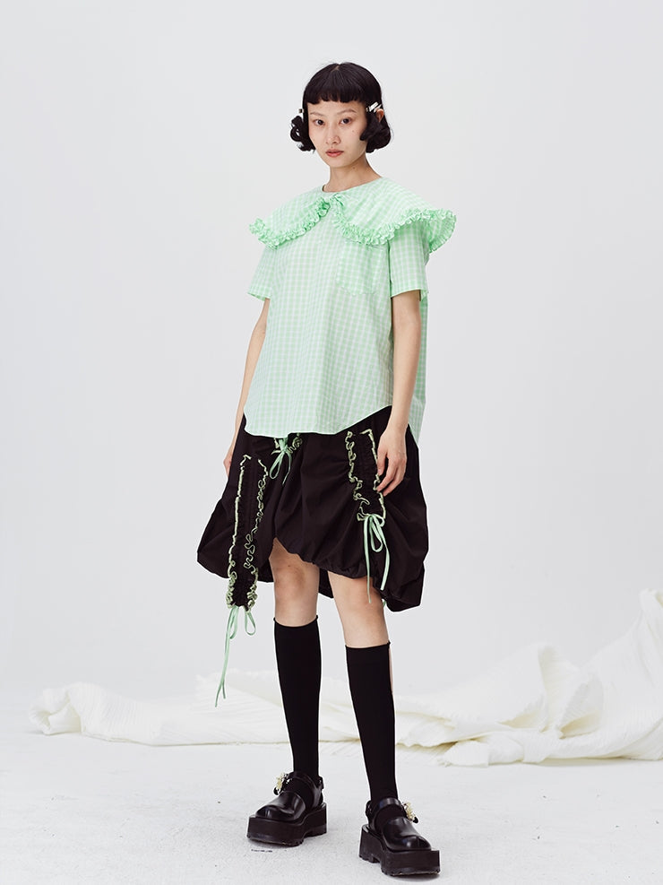 Plaid Doll Collar Short-Sleeved Shirt