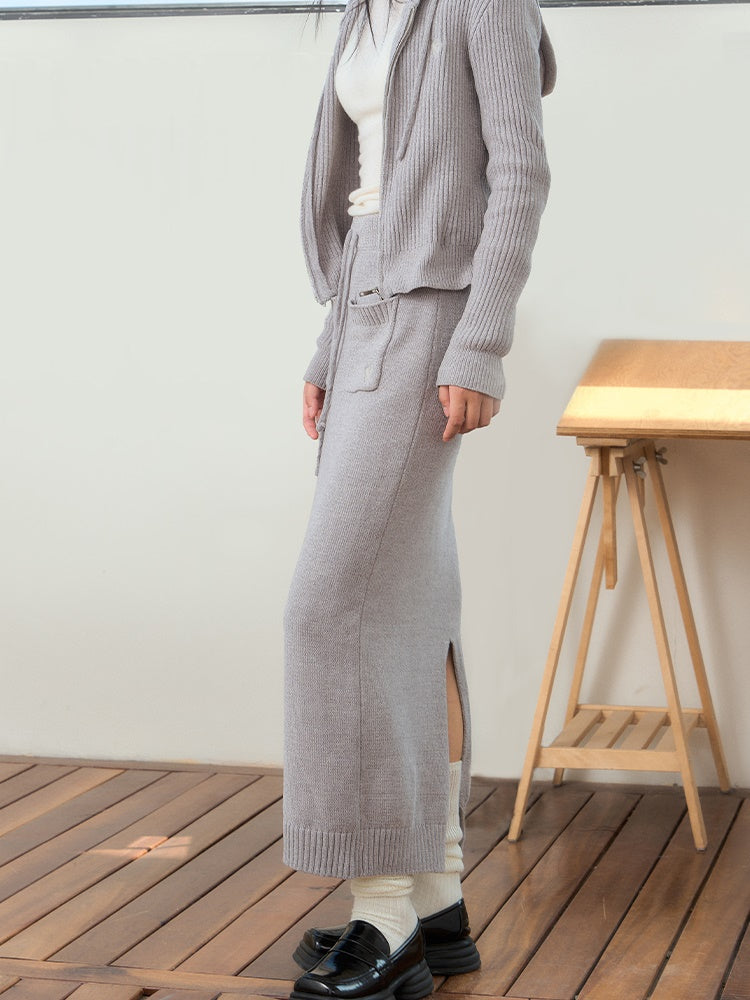 Relaxing Hooded Knitted Parka & Skirt & Pants