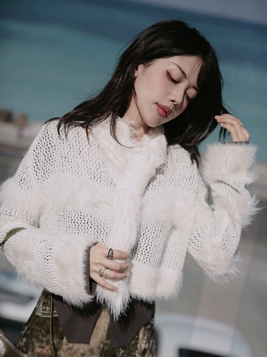 Fluffy Cropped Sweater & Imitation Fur Scarf