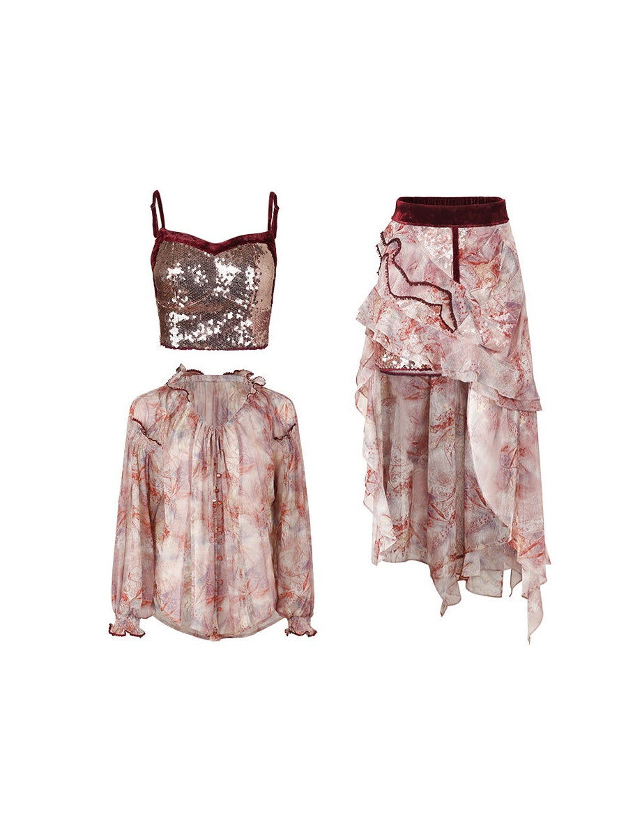 Sequin Camisole & Sheer Cardigan Set-up & Sequin Fishtail Skirt