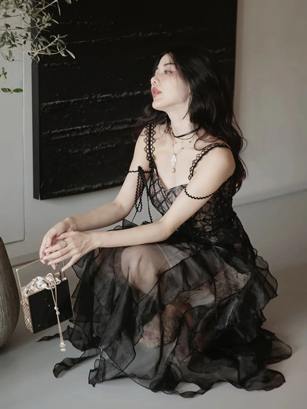 Irregular Frill Stitch Lace Sheer Sling Dress