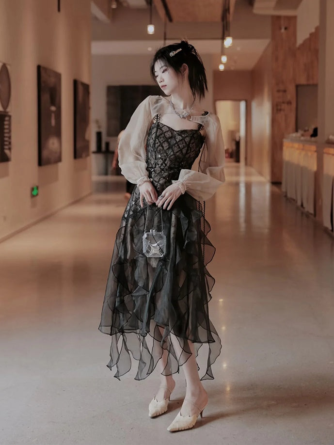 Irregular Frill Stitch Lace Sheer Sling Dress