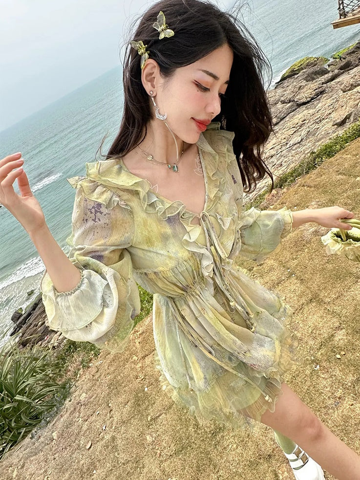 Oil Painting Printing Fishtail Dress & Top & Set-up