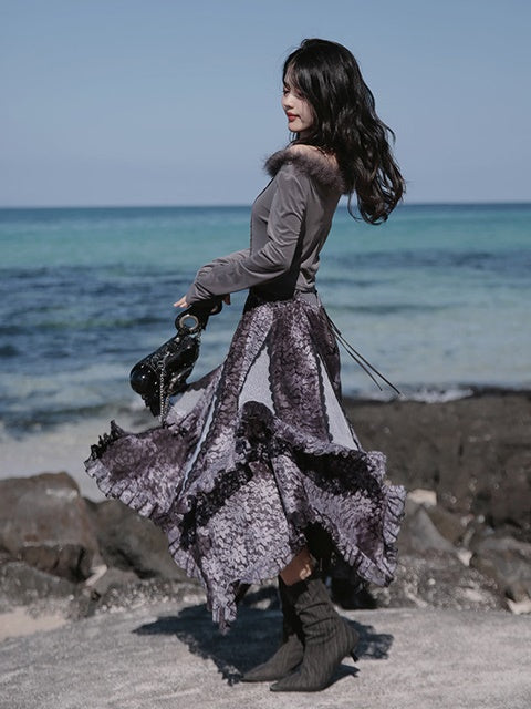 Fur Collar Top & Halter-neck Vest & Cut Lace Skirt