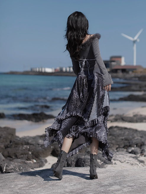 Fur Collar Top & Halter-neck Vest & Cut Lace Skirt
