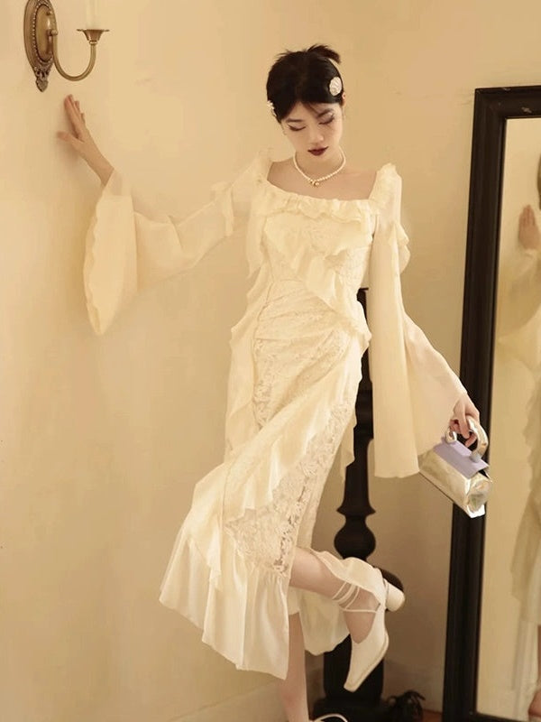 Asymmetry Ruffle Fairy Embroidered Fishtail Dress