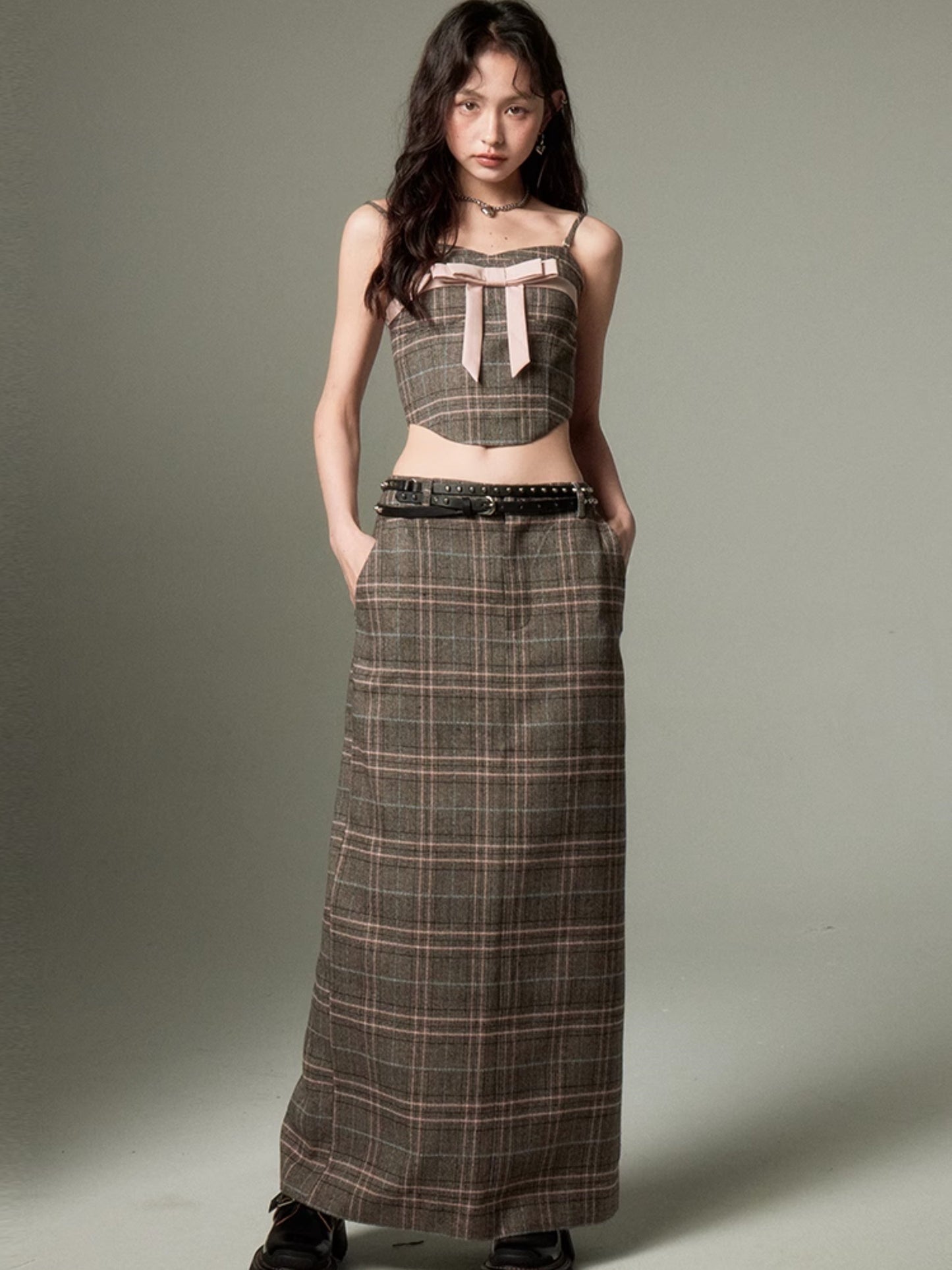 Plaid Bow Cropped Camisole & Long Skirt