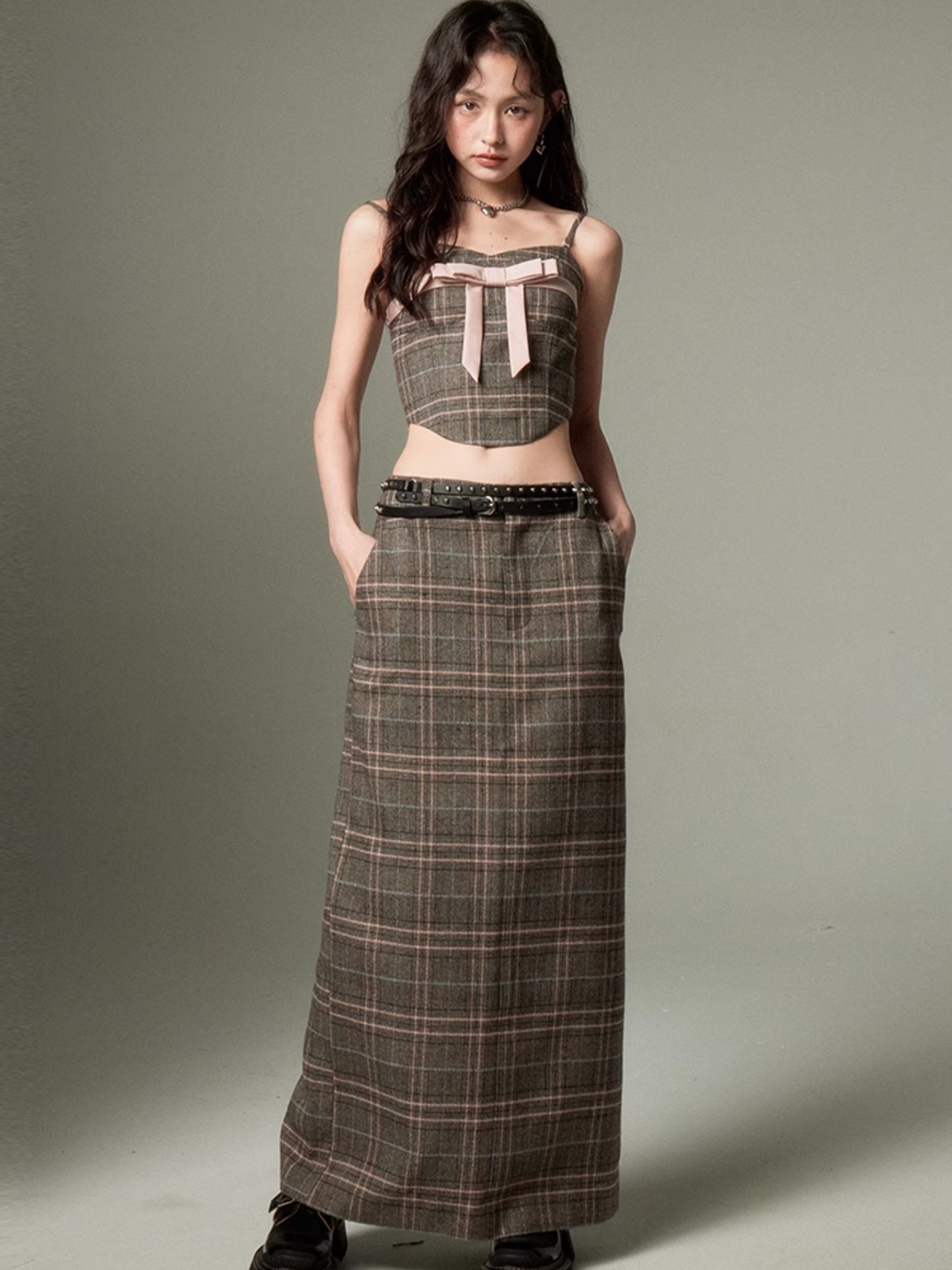 Plaid Bow Cropped Camisole ＆ Long Skirt