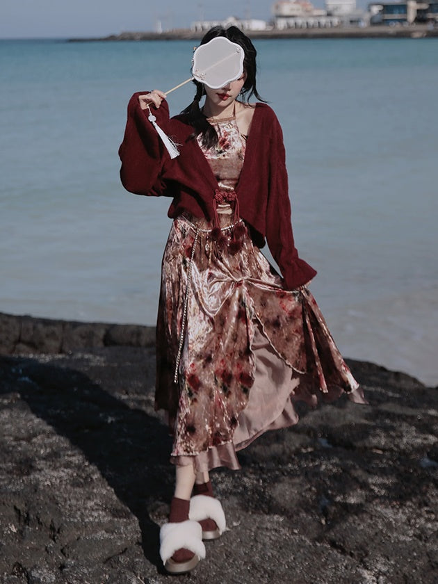 Velvet Print Halter-neck Vest & Layered Design Skirt & Chain Belt & Knitted Hooded Cardigan