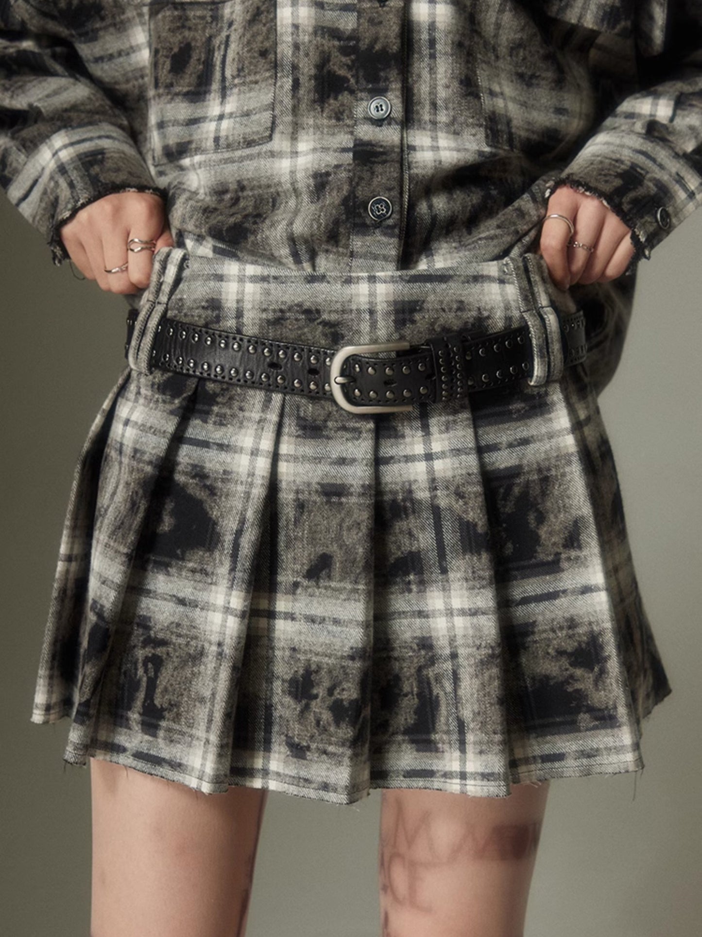 Plaid Loose Long Sleeve Shirt & Pleated Skirt