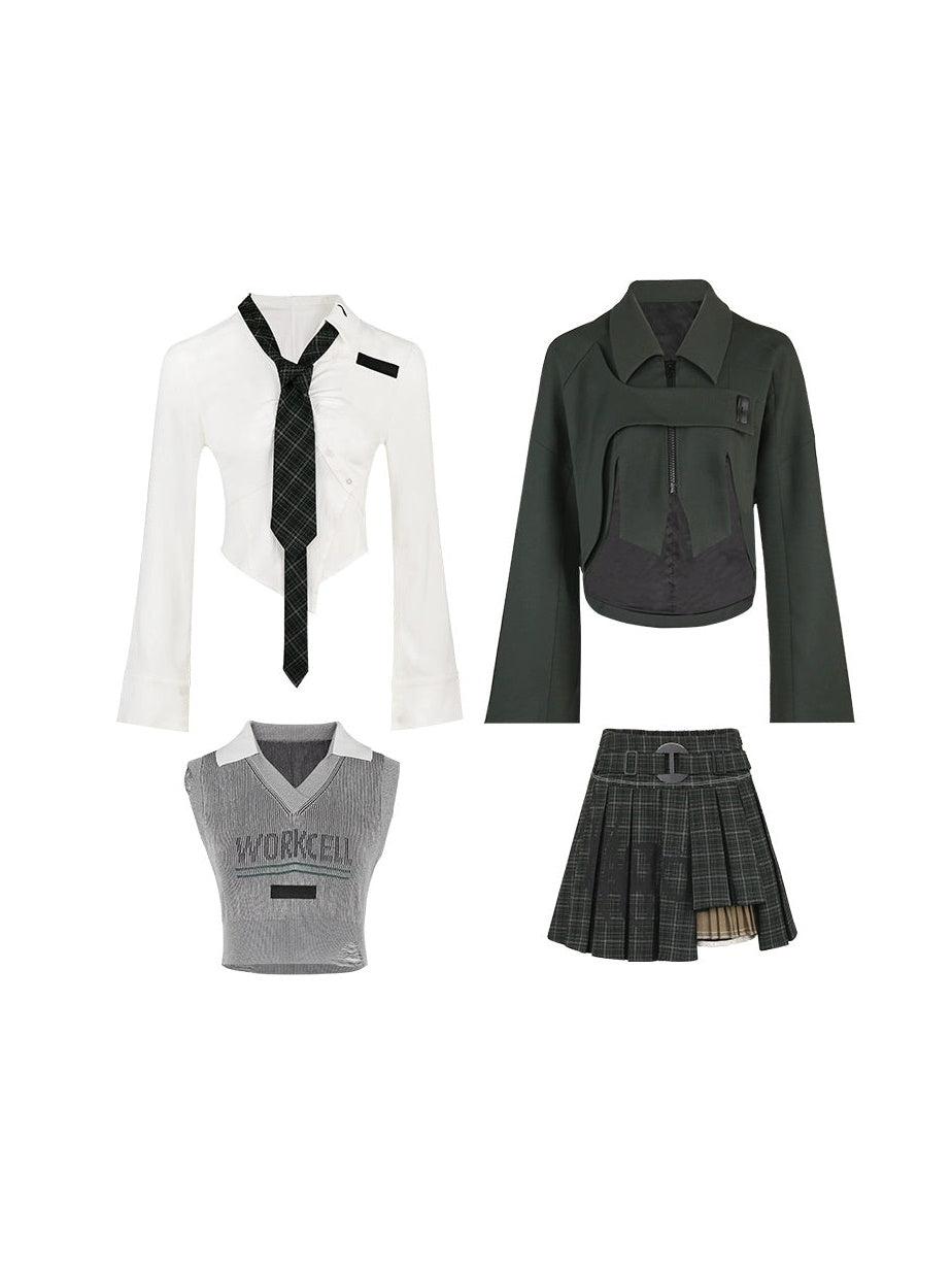 College British Style Shirt &&Vest & Pleated Culottes & Jacket