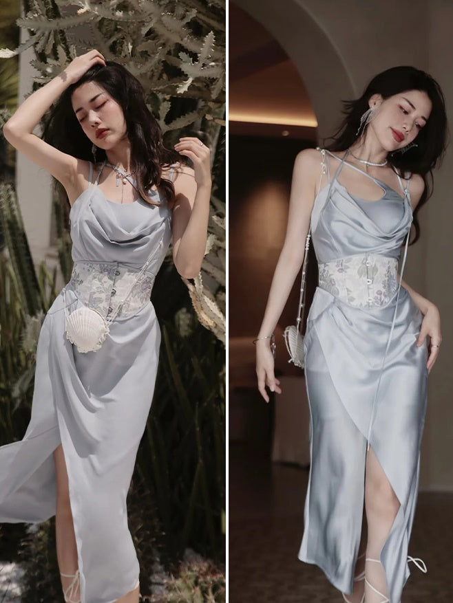 Drape Sling Dress With Floral Corset Belt