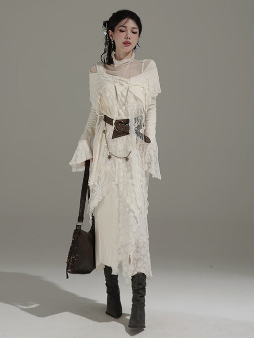 Fairy Style Mermaid Slip Dress & Asymmetry Lace Top & Belt