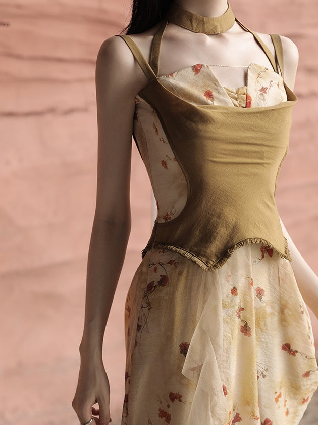 Floral Printed Strap Fake Layered Dress & Shirt