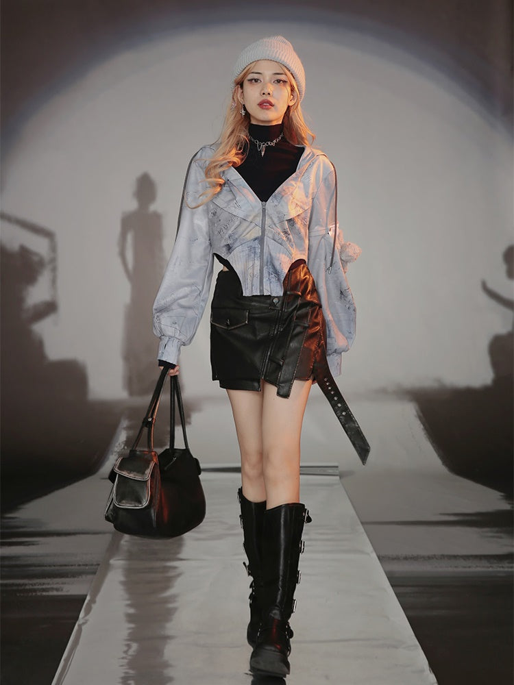 Graffiti Print Parka & Camisole Set & Cutout Pants & Slit Skirt