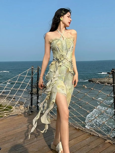 Oil Painting Printing Fishtail Dress & Top & Set-up