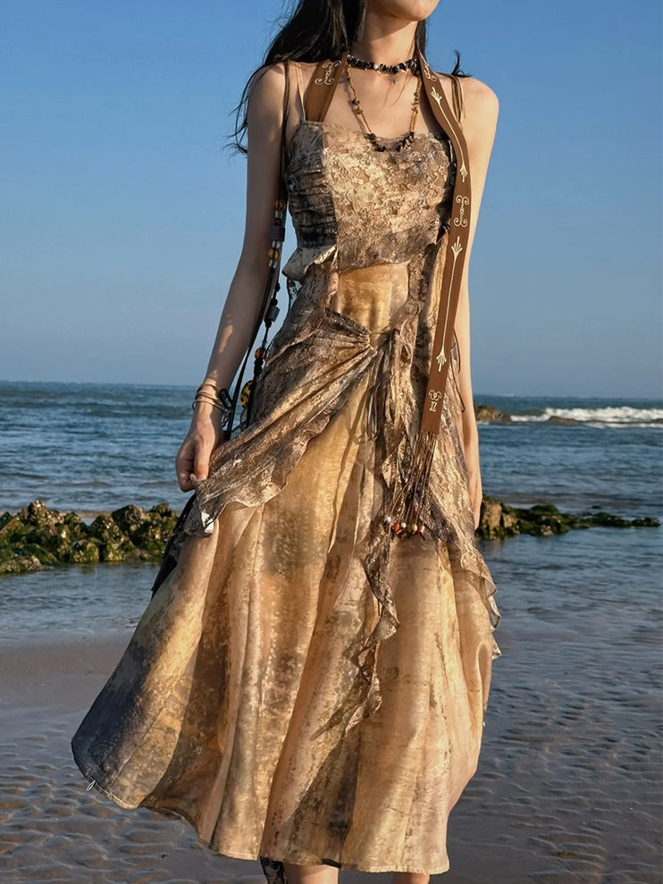 Classical Aesthetics Printed Lace Dress & Waist Slim Cardigan
