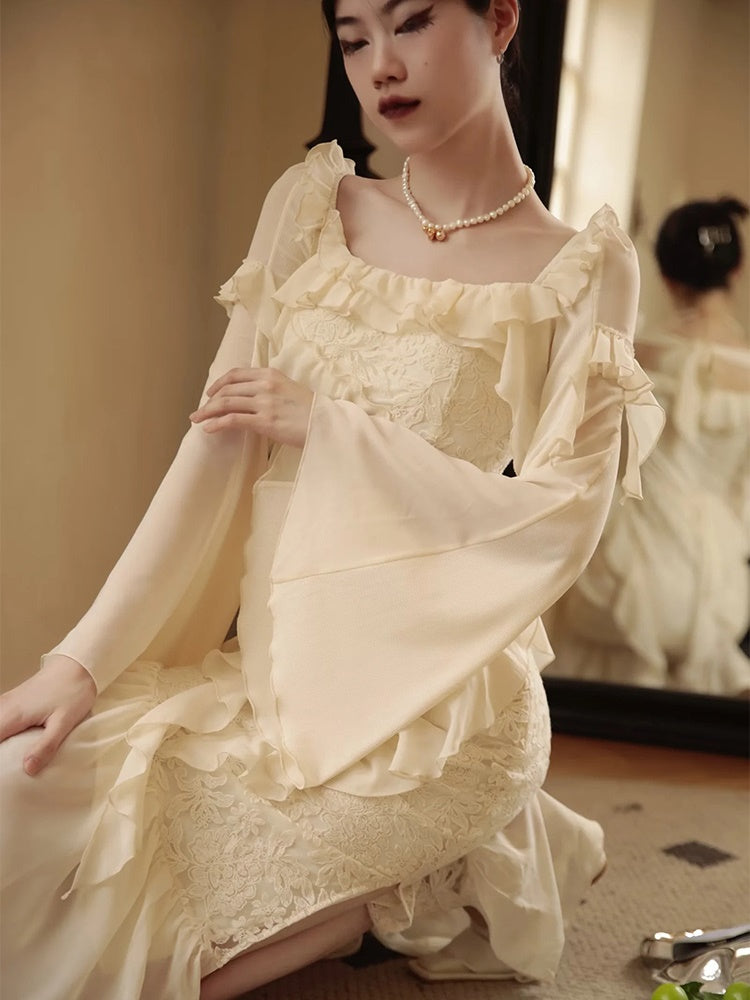 Asymmetry Ruffle Fairy Embroidered Fishtail Dress
