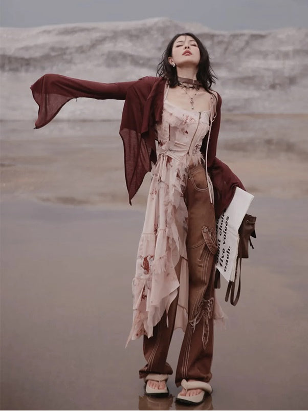 Exotic Print Set-up & Sling Dress & Culottes & Sheer Shirt