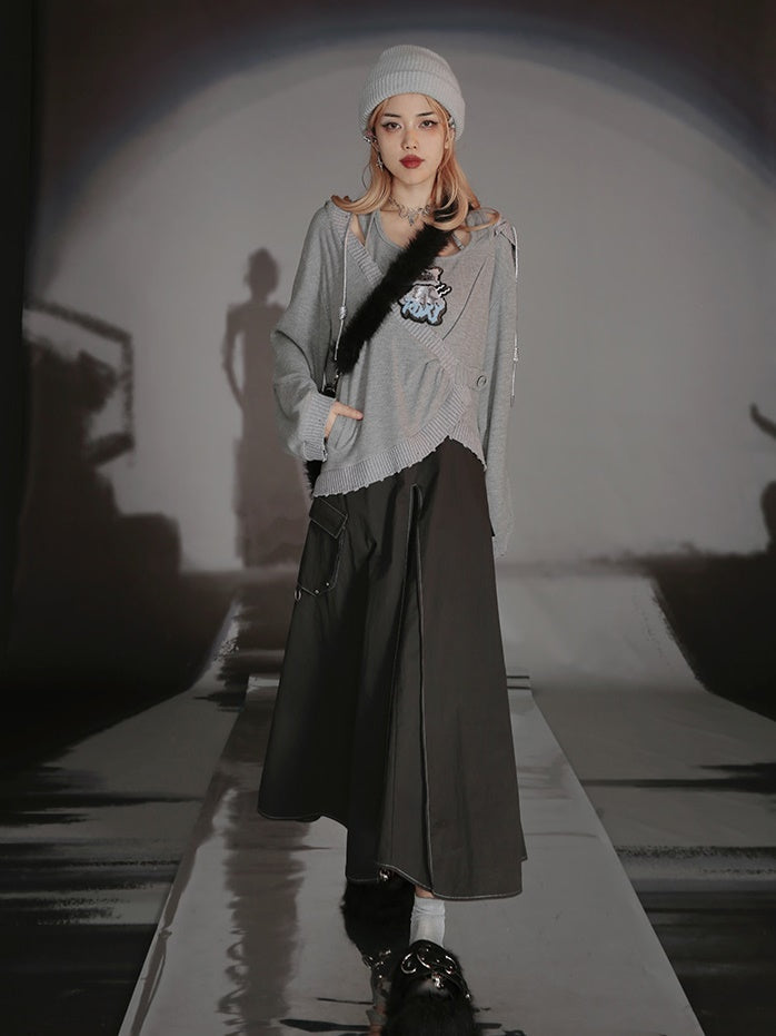 Cat Design Layered Style Loose Top & Switching Design One-piece