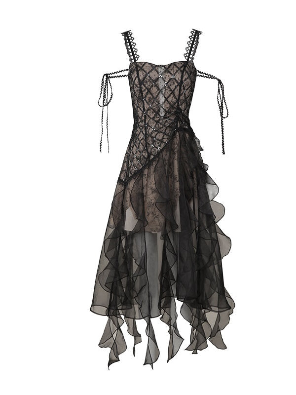 Irregular Frill Stitch Lace Sheer Sling Dress