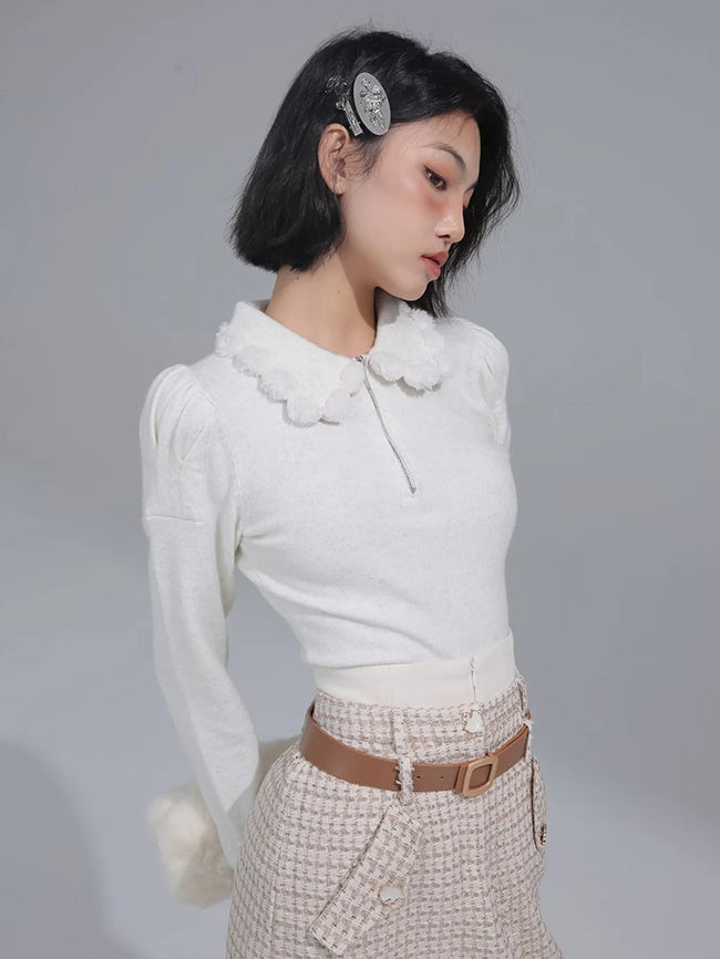 Knitted Fur Ball Collar Shirt