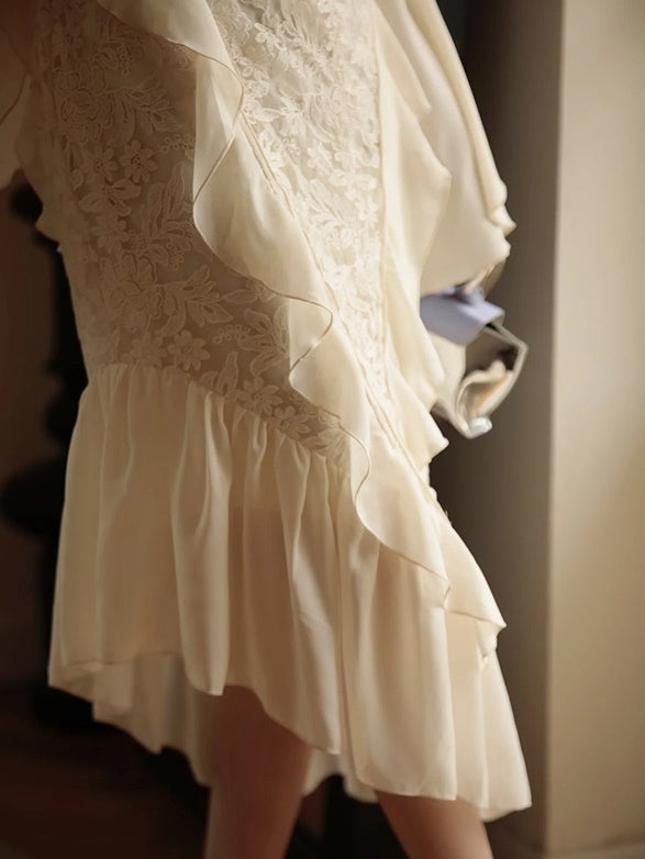 Asymmetry Ruffle Fairy Embroidered Fishtail Dress