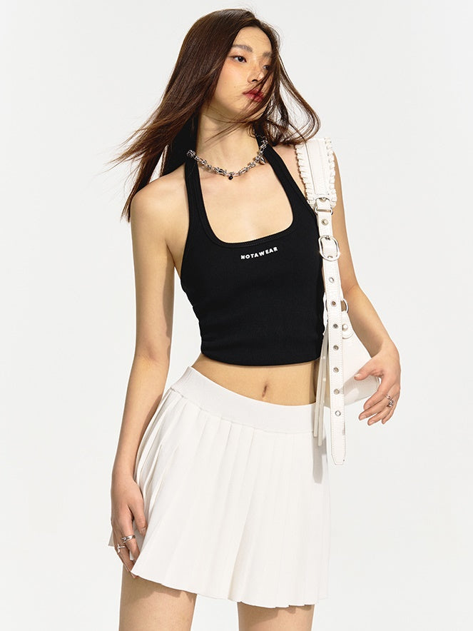 Hollow Knitted Vest & Pleat Skirt