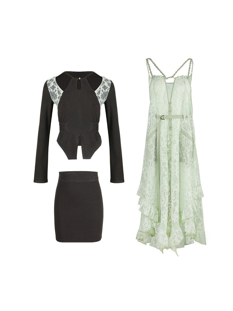 Cutout Cutsew & Inner Skirt & Lace Camisole Layered One-piece 3-Piece Set