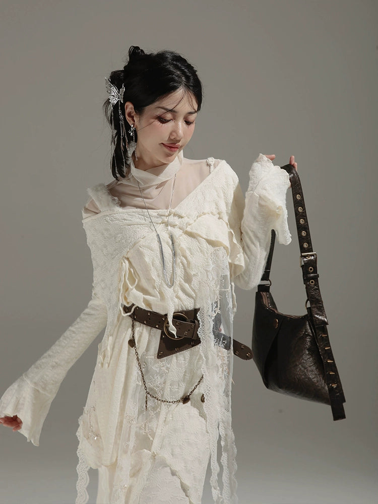 Fairy Style Mermaid Slip Dress & Asymmetry Lace Top & Belt